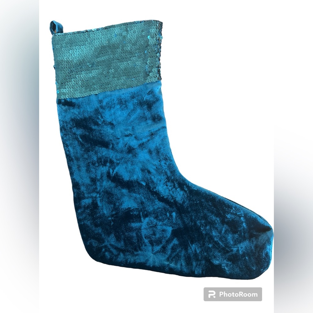 🎄West Elm Crushed Velvet & Sequins Teal Blue Christmas Stocking. Super Cute